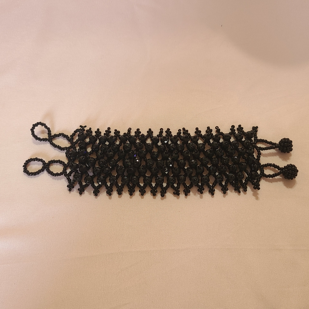 Wide Black Beaded Woven Faceted Net Bracelet Chunky Goth Punk Acrylic Adjustable